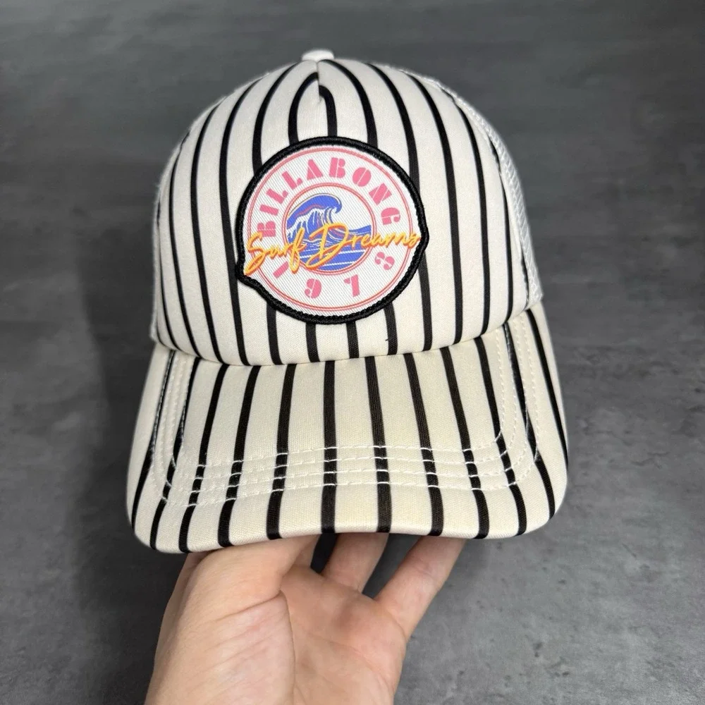 Billabong Snapback Hat Black Stripe Geometric Foam Mesh Trucker‎ Cap Surf Skate